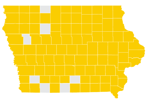 A map of Iowa showing 92 counties highlighted in yellow.
