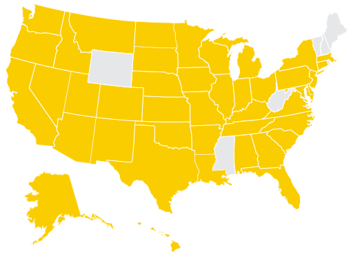 A map of the United States, showing 45 states and territories highlighted in yellow.